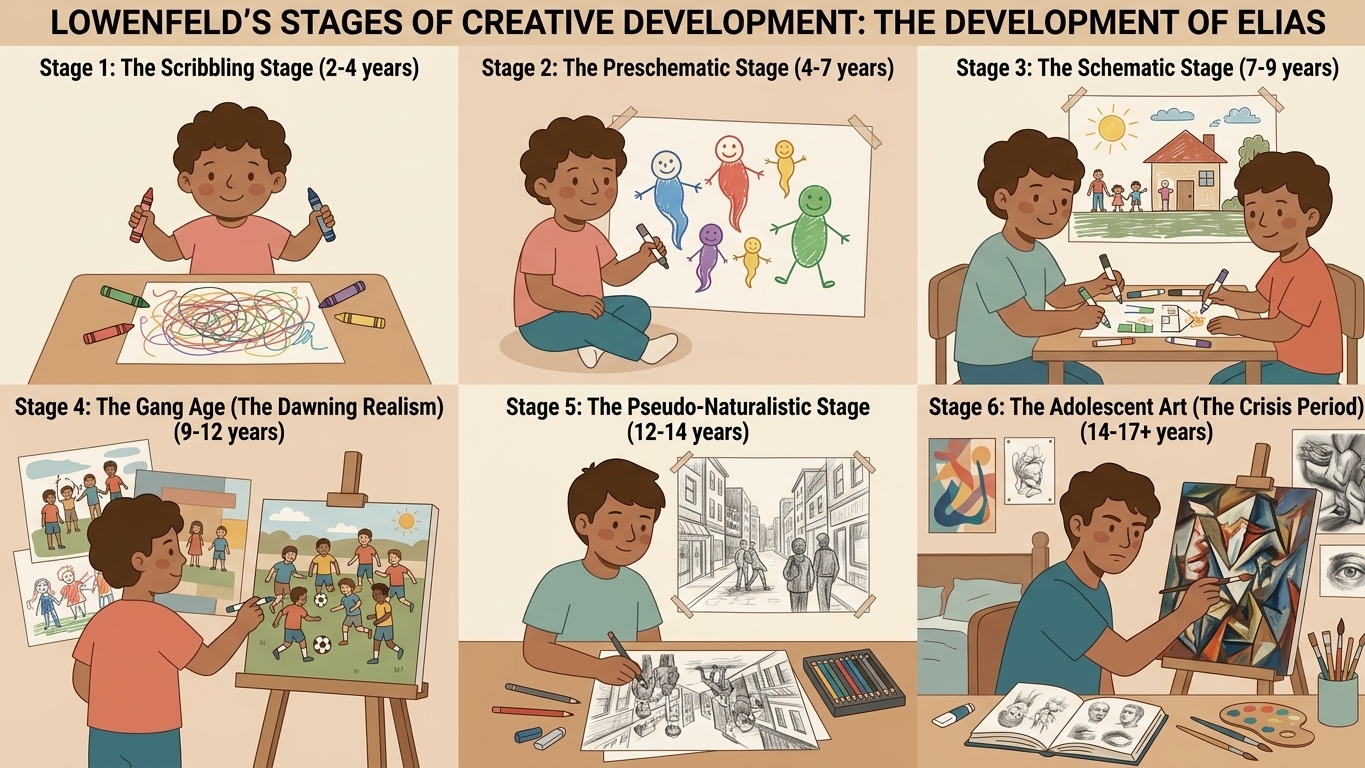 Poster illustrating Viktor Lowenfeld's 6 stages of creative development from ages 2 to 17, showing scribble to decision stages